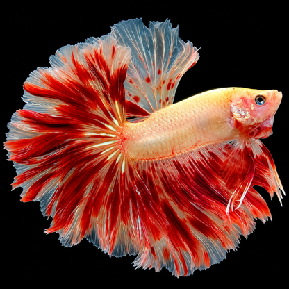 Armageddon Halfmoon Male Betta Fish featuring fiery red and golden-yellow coloration with elegant, flowing Halfmoon fins.