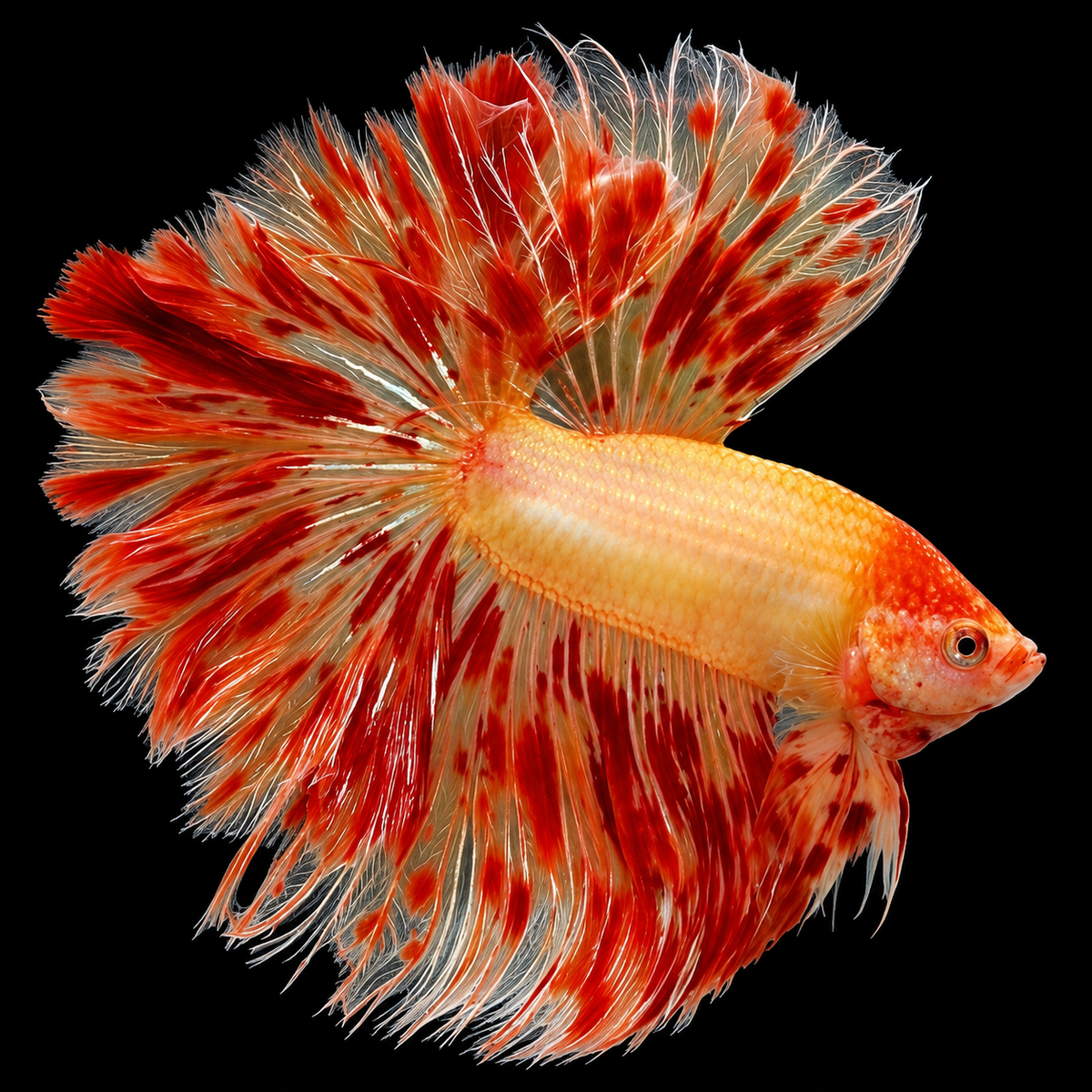 Armageddon Halfmoon Male Betta Fish featuring fiery red and golden-yellow coloration with elegant, flowing Halfmoon fins.