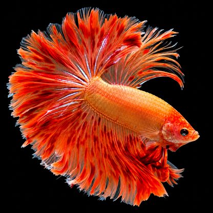 Armageddon Halfmoon Male Betta Fish featuring fiery red and golden-yellow coloration with elegant, flowing Halfmoon fins.